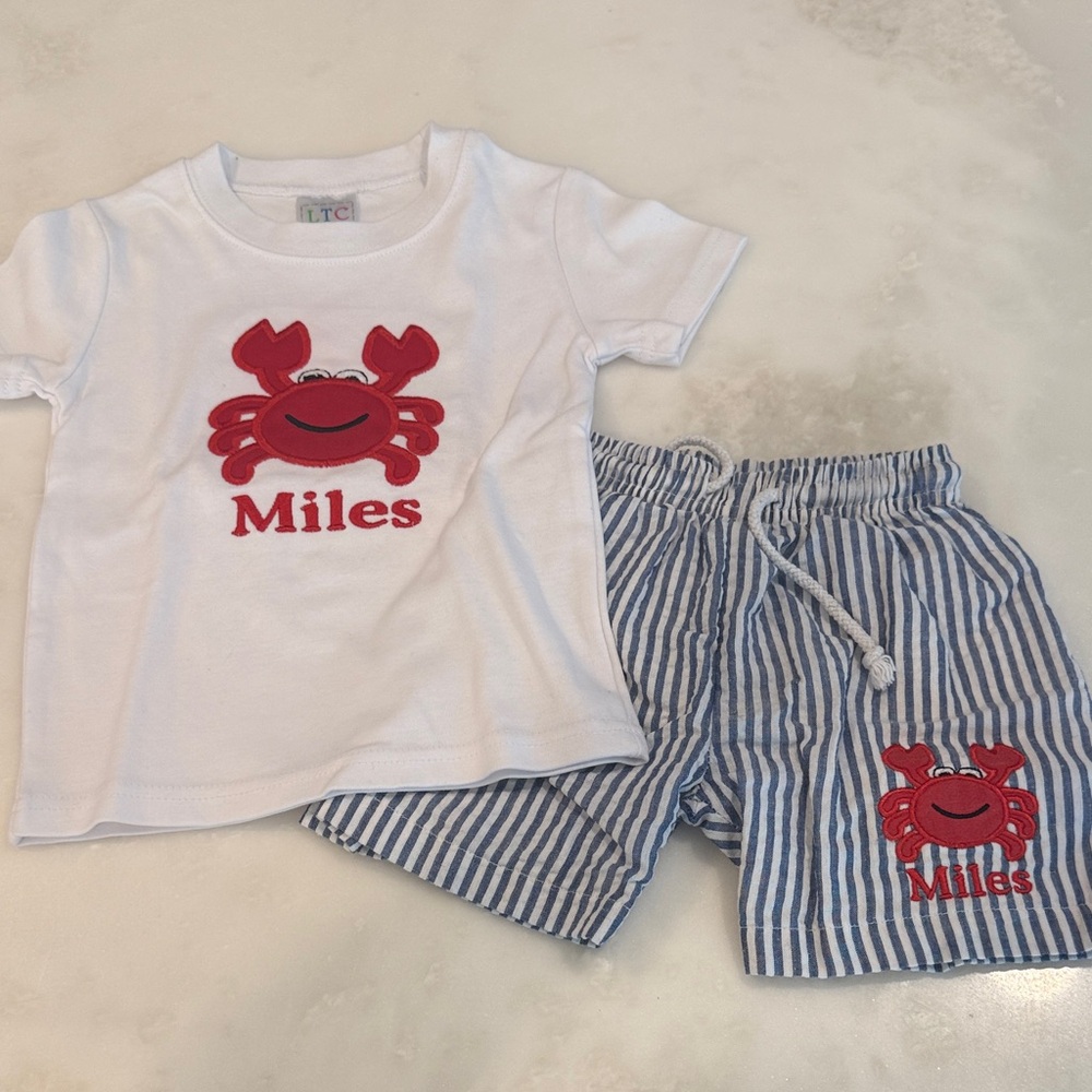 Monogrammed “Miles” Kids Set with Crab Design - White and Blue
